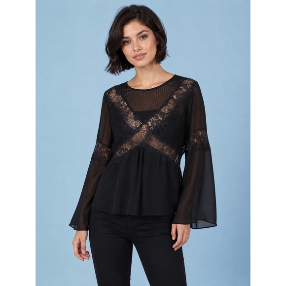 Mystree Tops - Woman Black Delicate Sheer Blouse Flared Sleeve Lacey Whimsigoth Witchy Vampire